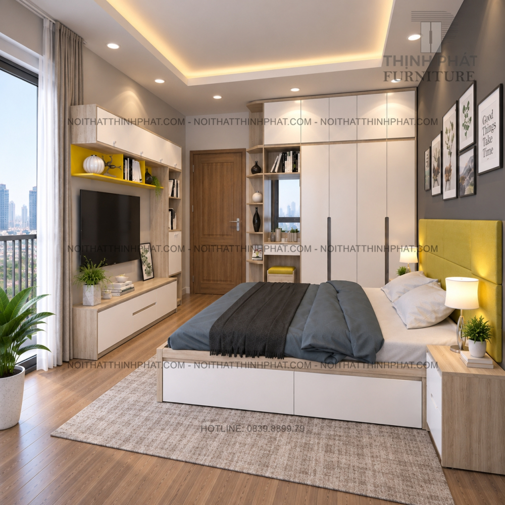 Combo Phòng Ngủ MDF Hiện Đại Có Tủ Áo Kịch Trần Kèm Bàn Trang Điểm Và Kệ TV Treo Tường - PN10